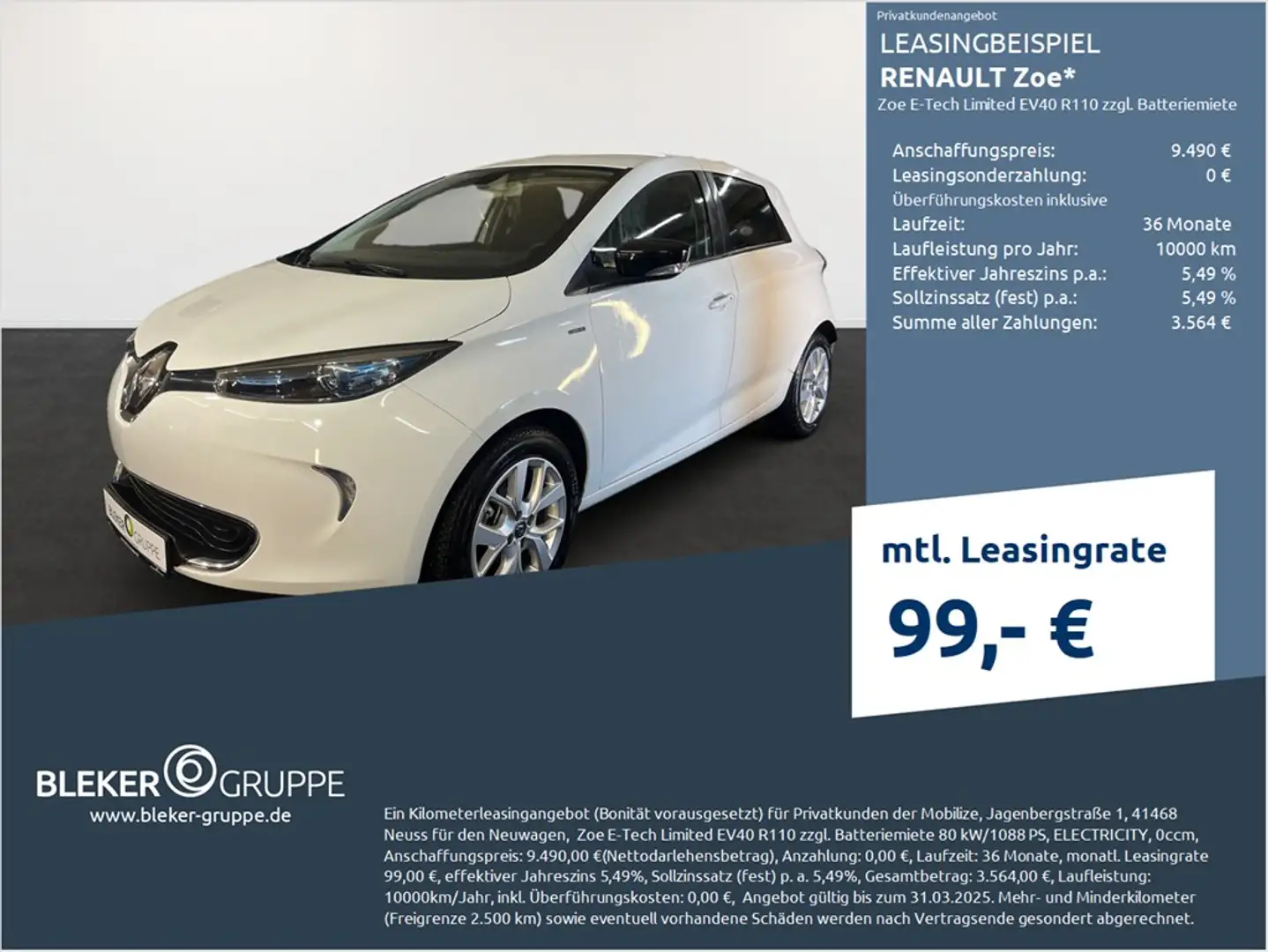 Renault ZOE Limited Z.E. 40 R110 Mietbatterie Weiß - 1