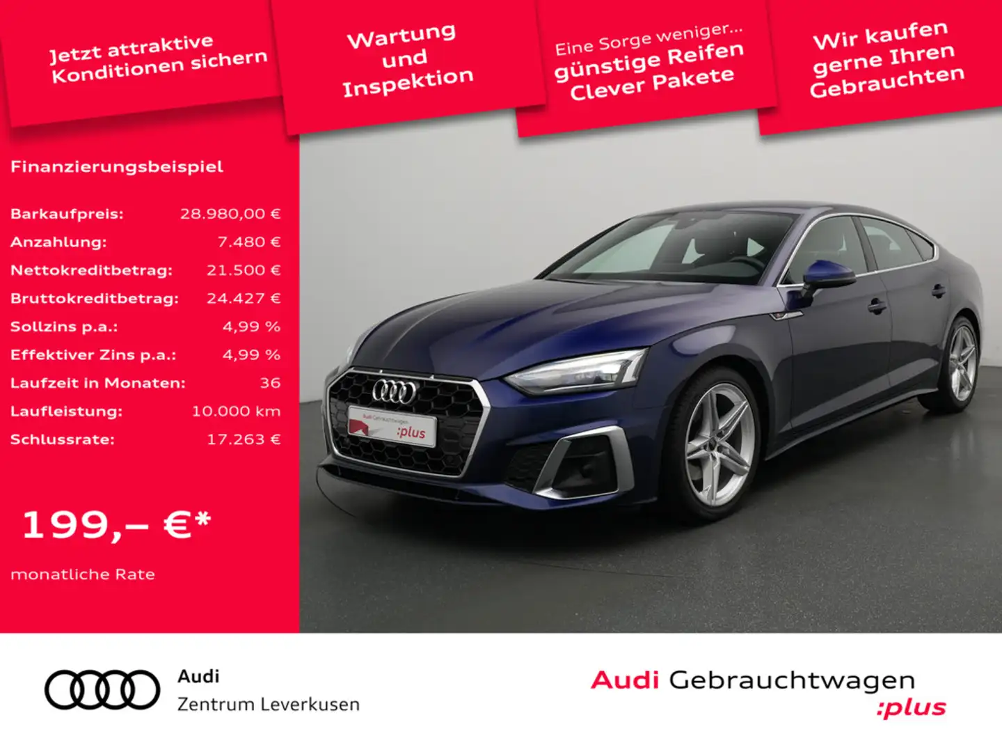 Audi A5 Sportback S line S-TRON LEDER AHK NAVI ACC Blau - 1