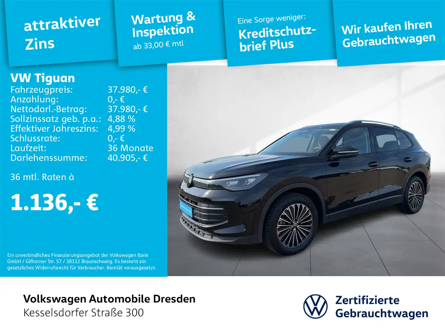 Volkswagen Tiguan Life 2.0 TDI SCR 7-Gang-DSG Navi AHZV Kam Schwarz - 1