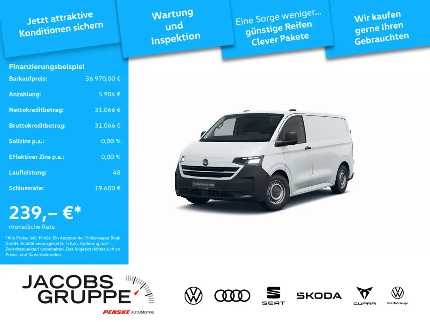 Volkswagen T7 Transporter Kasten 2,0 l 81 kW TDI 6-Gang Radst. 3100 mm Weiß - 1