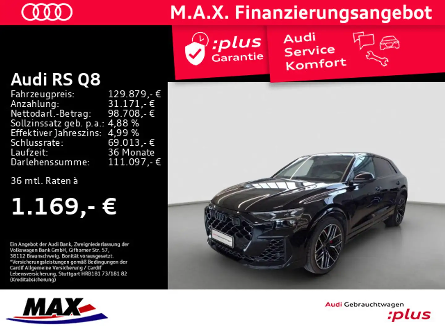 Audi RS Q8 4.0 TFSI quattro MATRIX LED+PANO+360°+AHK+ Schwarz - 1