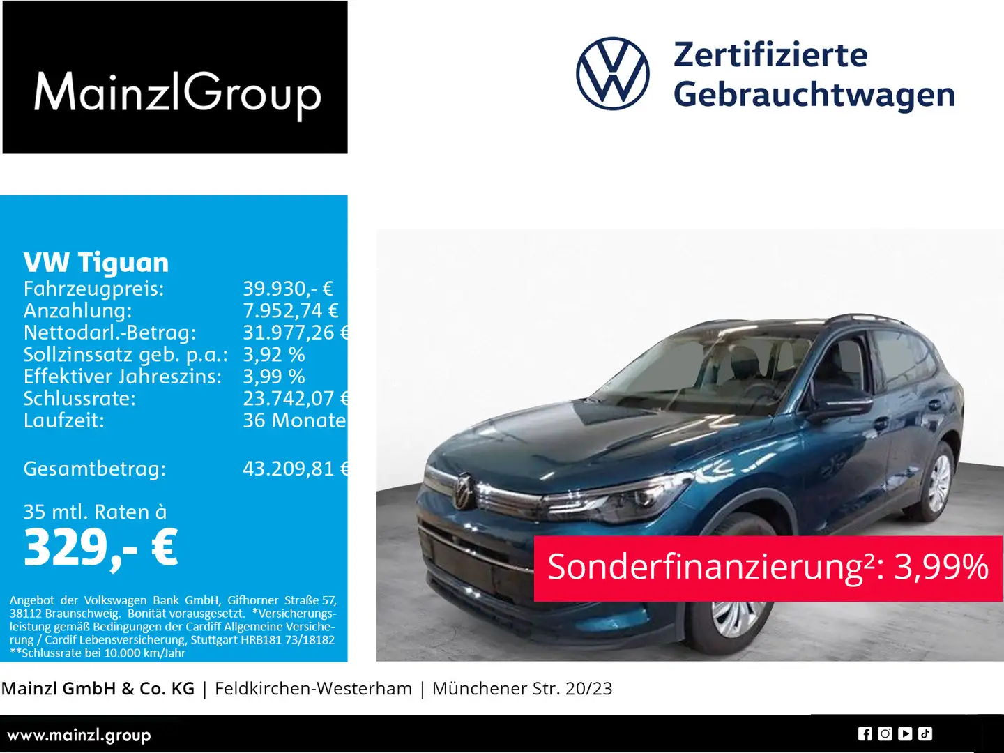 Volkswagen Tiguan 2.0 TDI 4M DSG Life AHK 360° ACC Navi SHZ Blau - 1