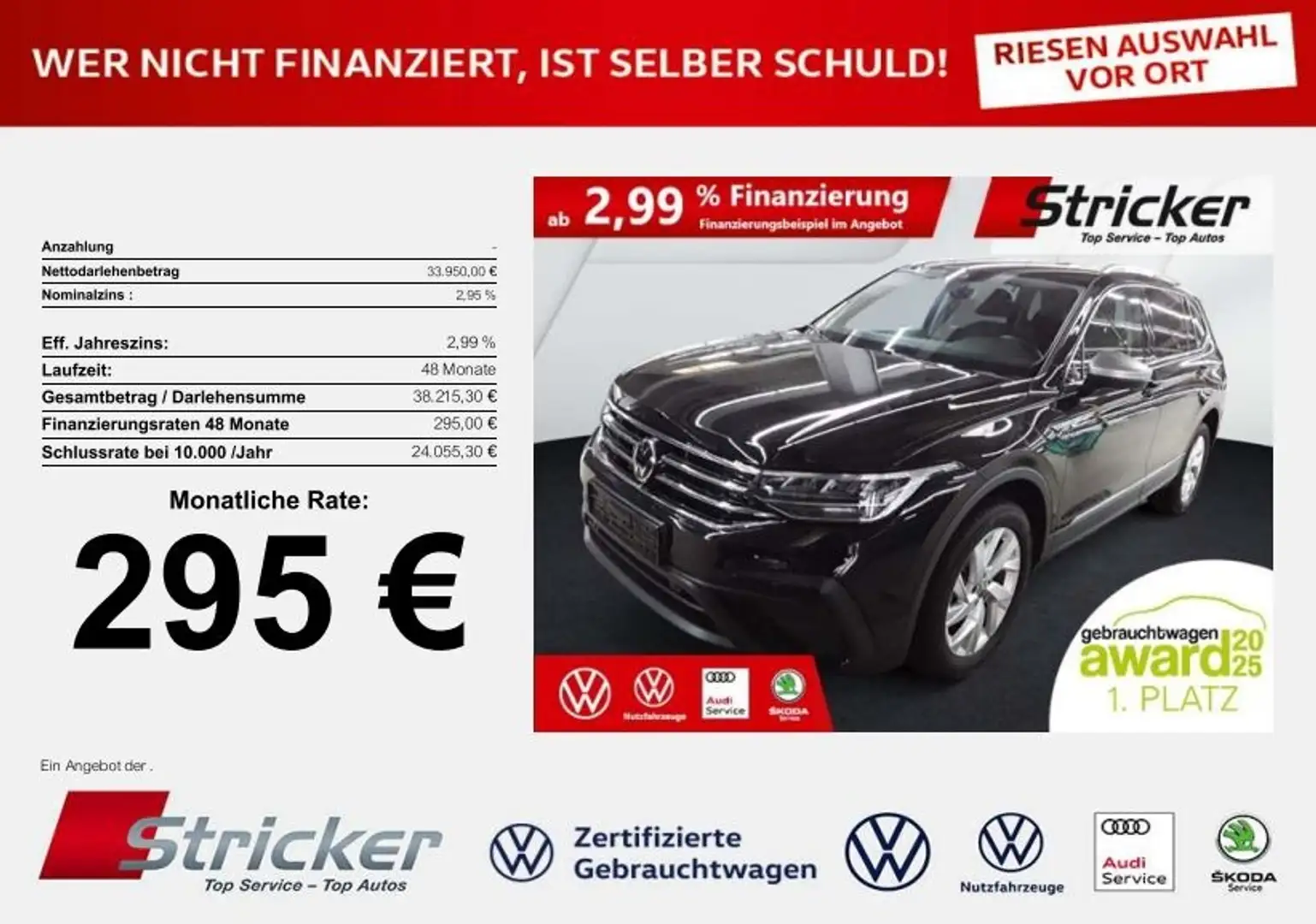 Volkswagen Tiguan Allspace Life 2.0TDI DSG 295,-ohne Anzahlung Navi AHK 7-Si Schwarz - 1
