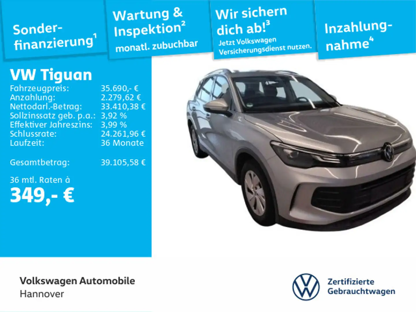Volkswagen Tiguan 2.0 TDI DSG Navi AHK Kamera LED Dig.Cockp Silber - 1