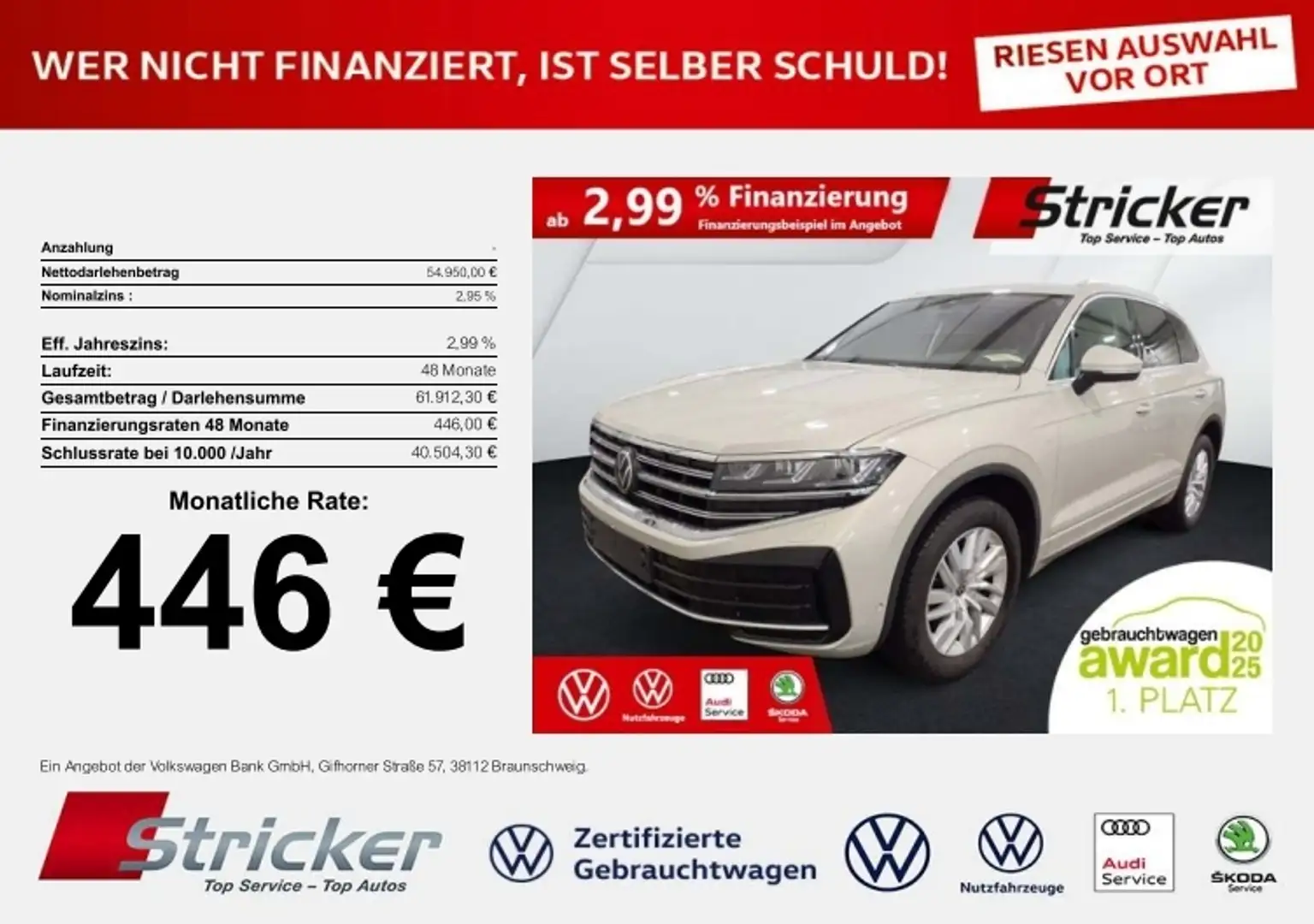 Volkswagen Touareg Elegance 3.0TDI 446,-ohne Anzahlung AHK Luft App- Beige - 1