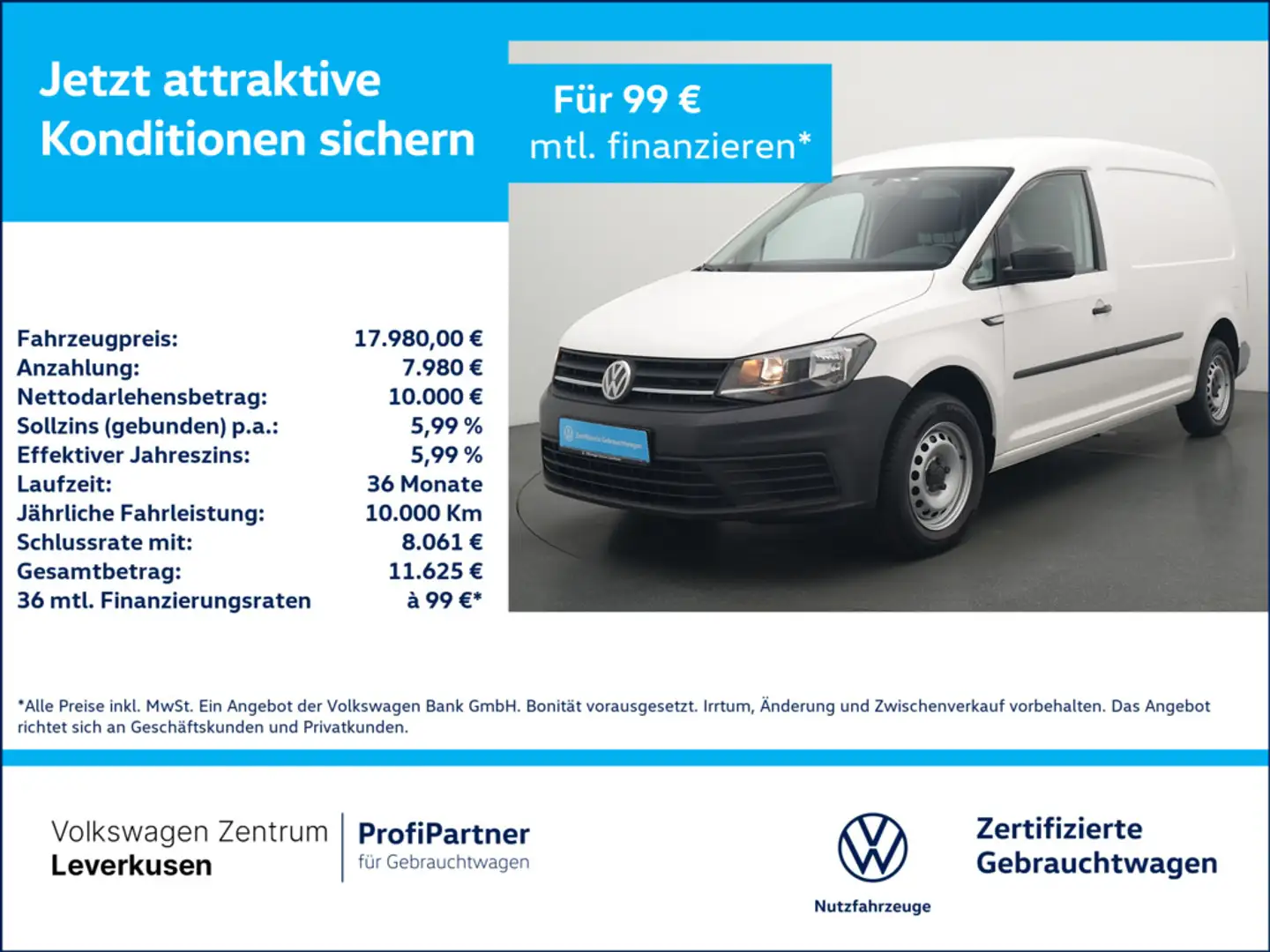Volkswagen Caddy Maxi Kasten PDC CARPLAY ACC NAVI Weiß - 1