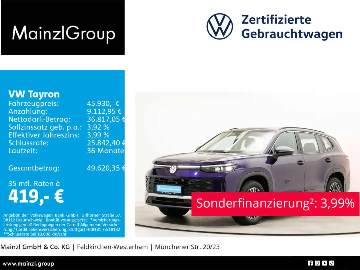 Volkswagen Tayron 2.0 TDI 4M DSG Life 7-S. AHK Matrix 360° Violett - 1