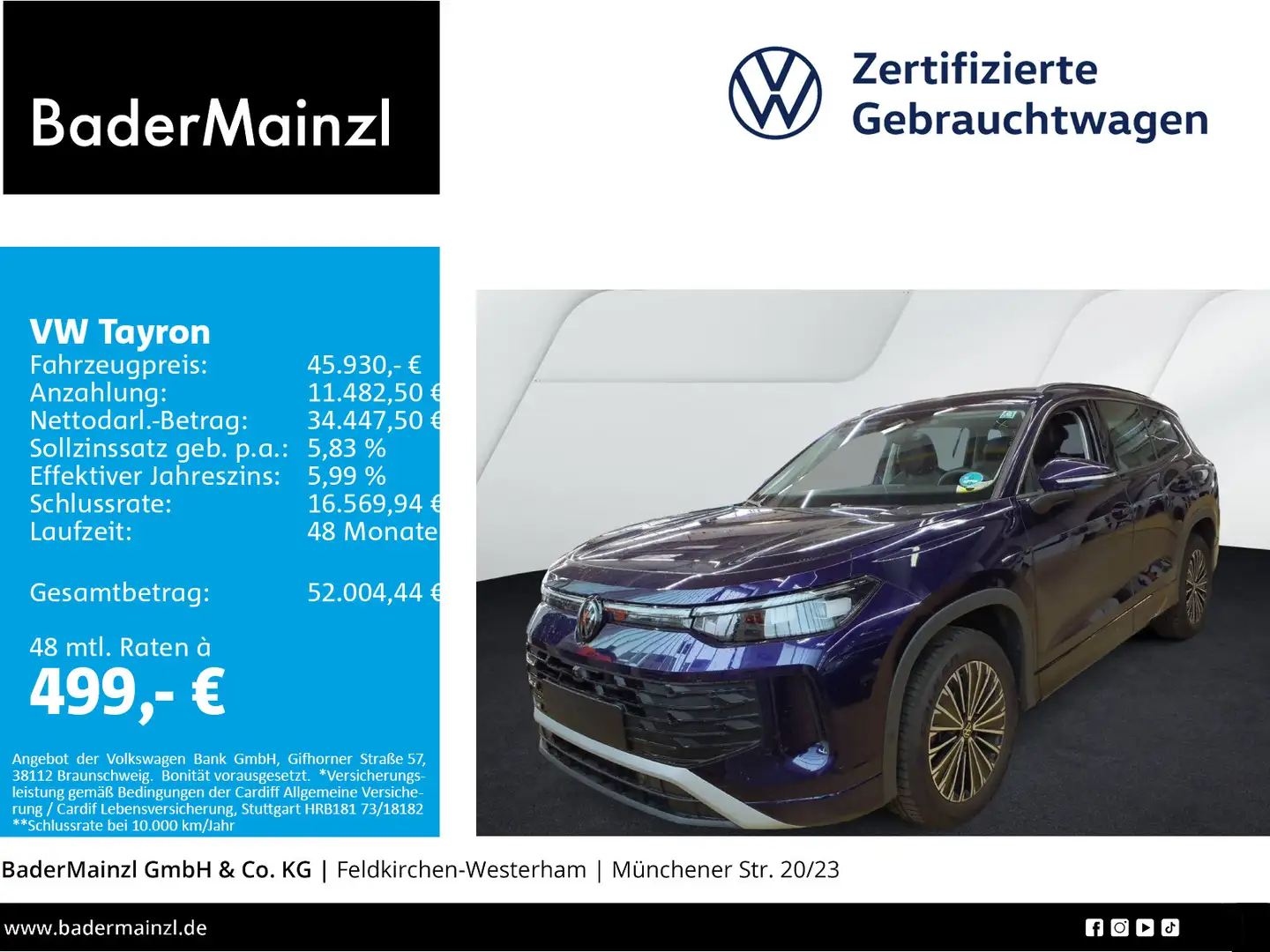 Volkswagen Tayron 2.0 TDI 4M DSG Life 7-S. AHK Matrix 360° Violett - 1