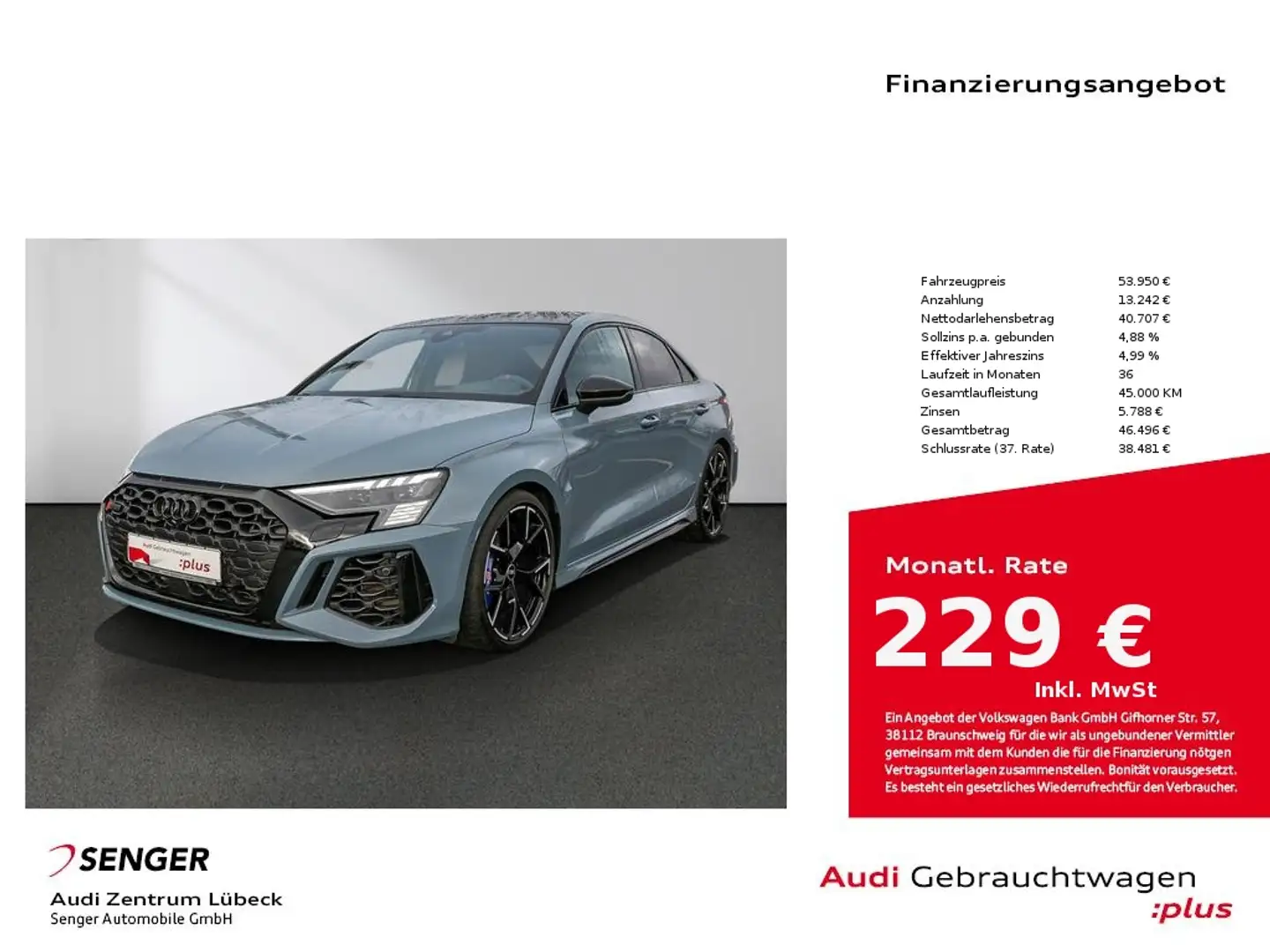 Audi RS3 Limo S tronic Pano 290km/h Matrix HuD Gris - 1