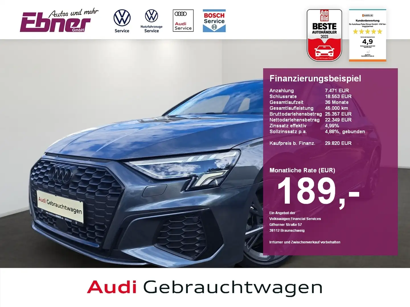 Audi A3 SPORTBACK S-LINE 35TFSI S-TRONIC KAMERA+NAVI+APP+L Grau - 1