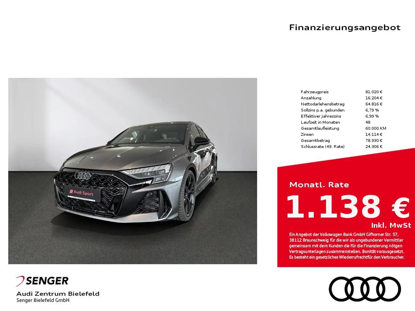 Audi RS3 Limousine RS Design-Paket Navi Matrix-LED Grigio - 1