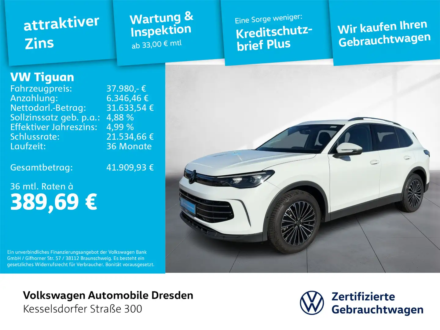 Volkswagen Tiguan 2.0 TDI DSG Elegance AHZV Navi LED ACC Ka Weiß - 1
