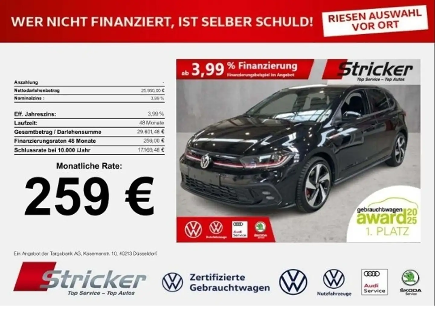 Volkswagen Polo GTI 2.0TSI DSG 259,-ohne Anzahlung ACC App-Connec Schwarz - 1