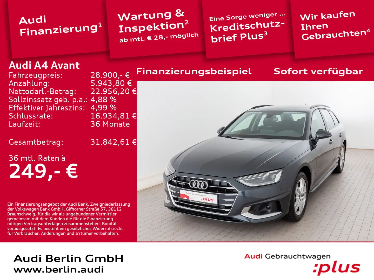 Audi A4 Advanced 40 TDI qu.S tr. NAVI LED PDC Gris - 1