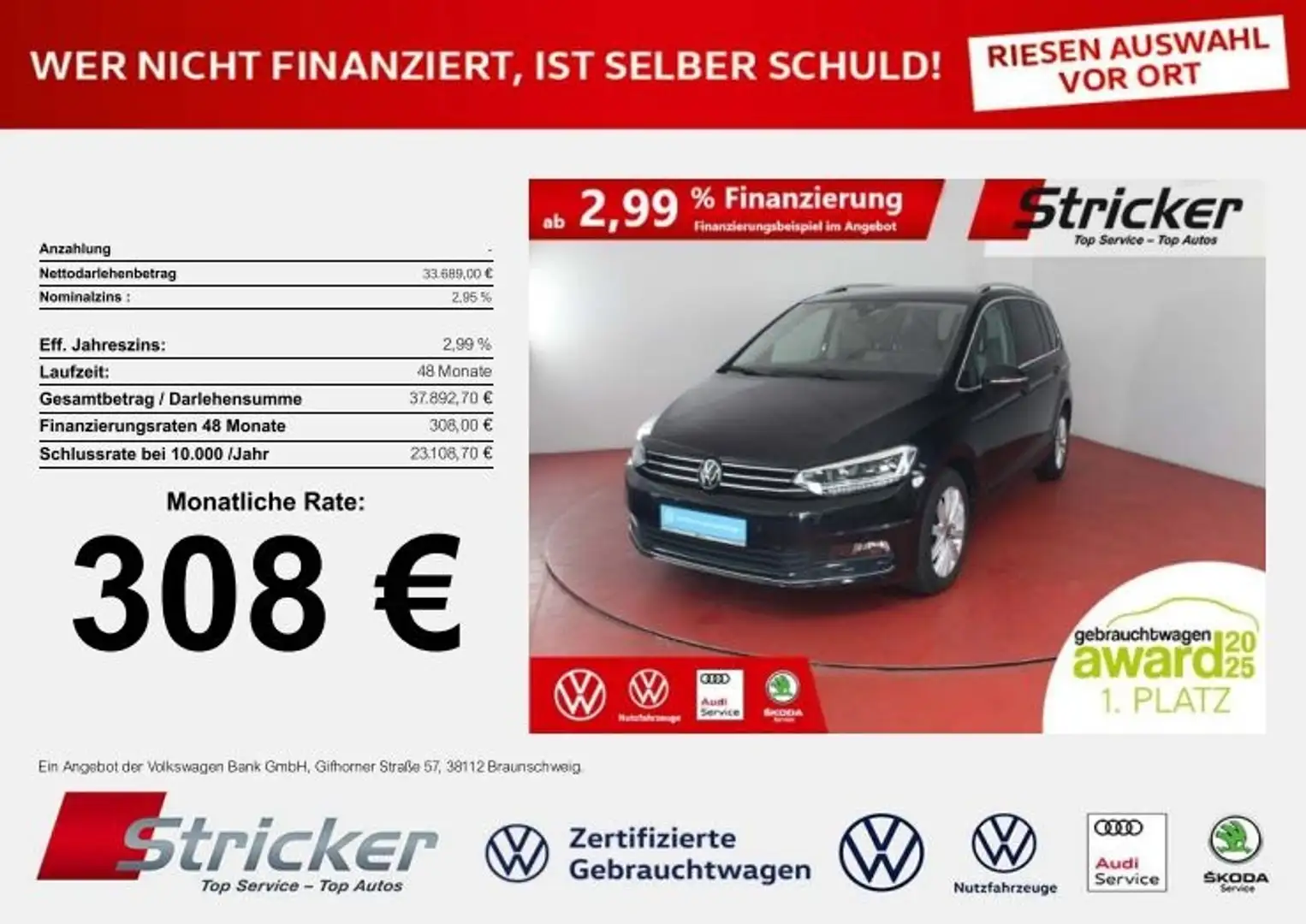 Volkswagen Touran Highline 2.0TDI DSG 308,-ohne Anzahlung 7-Sitzer Schwarz - 1