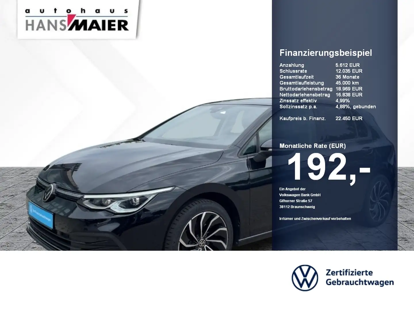 Volkswagen Golf 8 Lim. Active TDI Navi Pano HuD StdHz LED Schwarz - 1