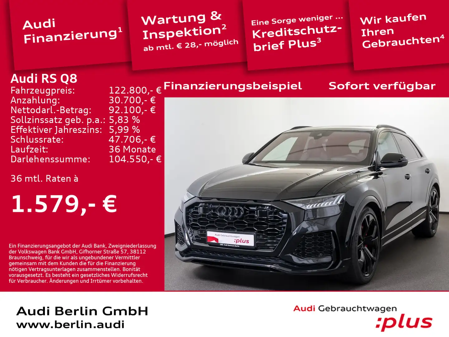 Audi RS Q8 RSQ8 4.0 TFSI qu. tiptr. AHK PDC 360°K NAVI B&O Чорний - 1