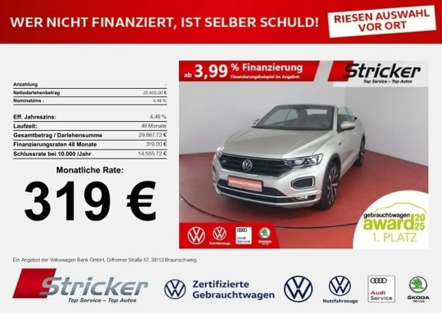 Volkswagen T-Roc Cabriolet R-Line 1.5TSI DSG  319,-ohne Anzahlung Silber - 1