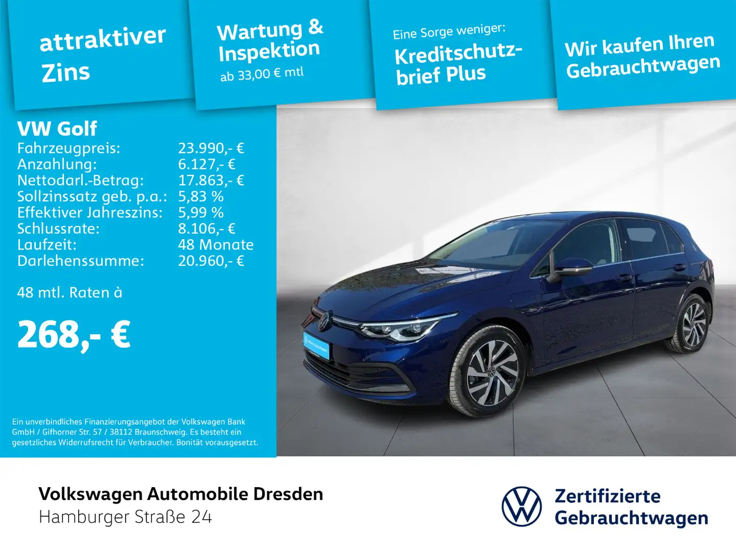 Volkswagen Golf VIII Style 1.4 TSI DSG e-Hybrid LED APP PDC Bleu - 1