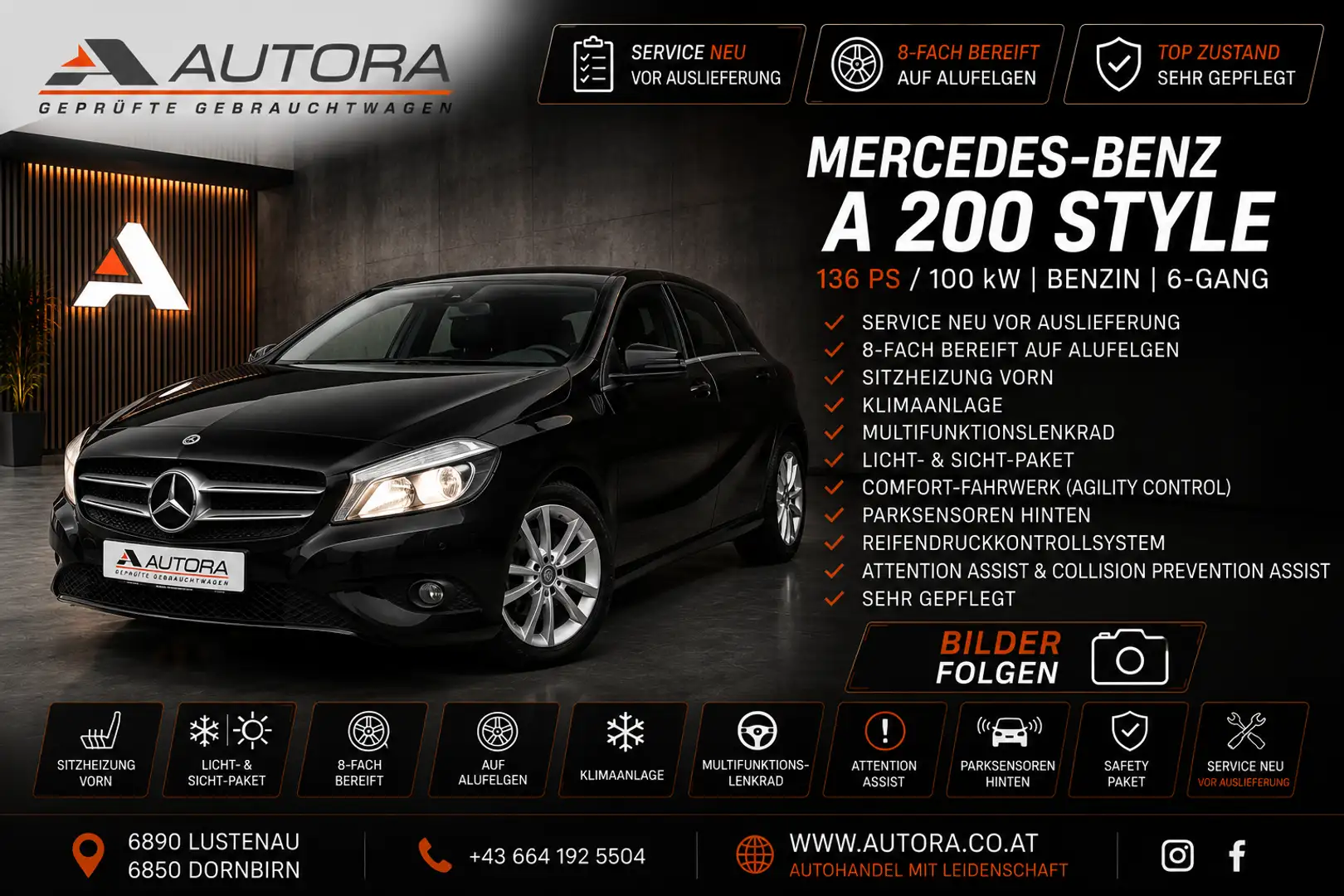 Mercedes-Benz A 200 Style / ÖL Service NEU / 8 fach bereift / Sitzhei Schwarz - 1
