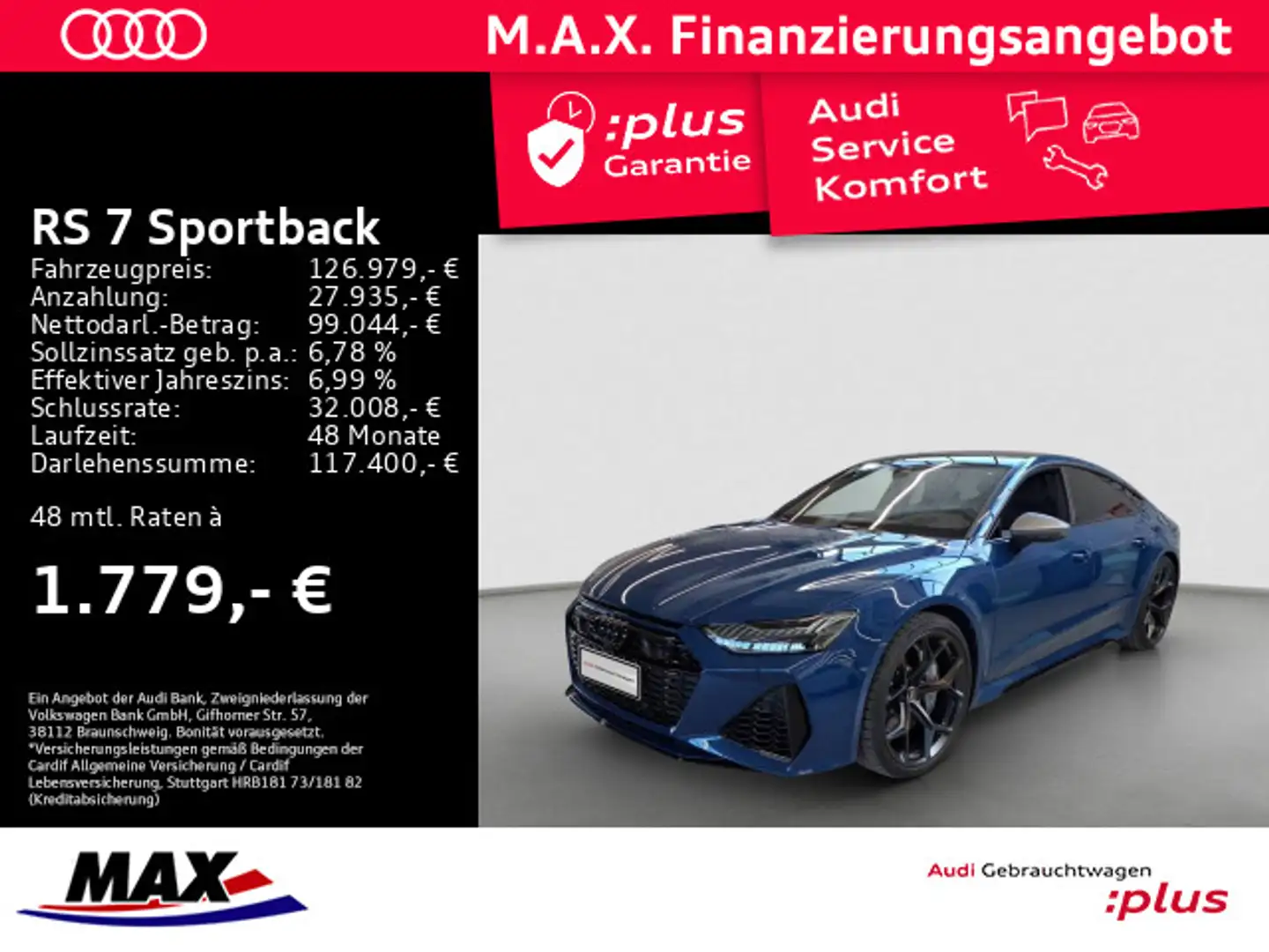 Audi RS7 RS7 Sportback PERFORMANCE 305 KM/H+SAGA+KERAMIK+ Bleu - 1