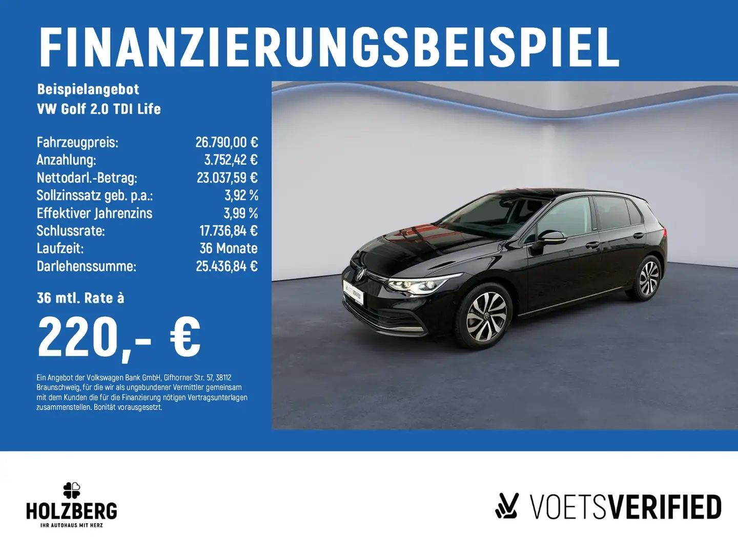 Volkswagen Golf 2.0 TDI Life MATRIX+PANO+AHK+HUD Schwarz - 2