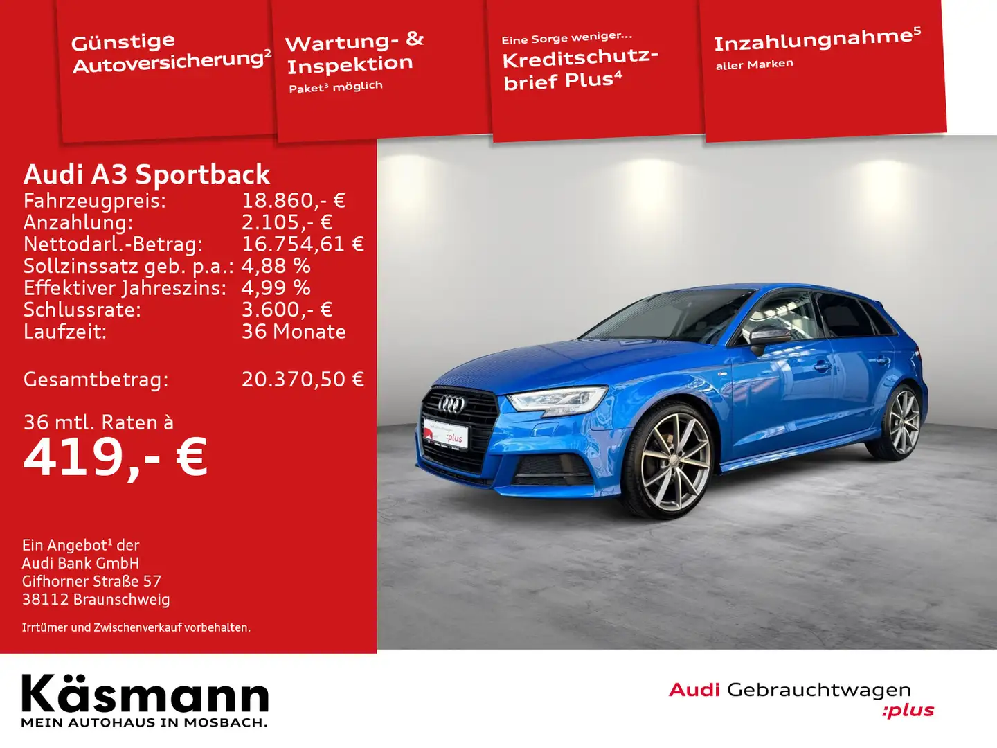 Audi A3 sport 1.4TFSI S line LED PDC SHZ Blau - 1