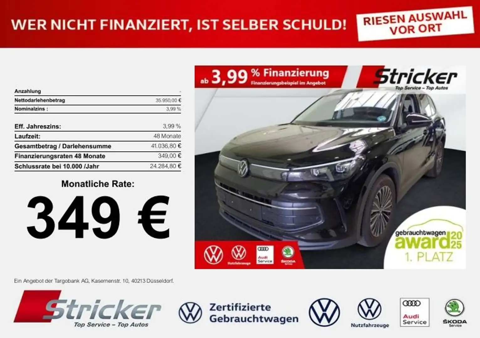 Volkswagen Tiguan Goal 2.0TDI DSG 349,-ohne Anzahlung Navi AHK Kame Schwarz - 2