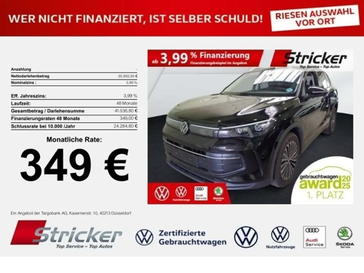 Volkswagen Tiguan Goal 2.0TDI DSG 349,-ohne Anzahlung Navi AHK Kame Schwarz - 1