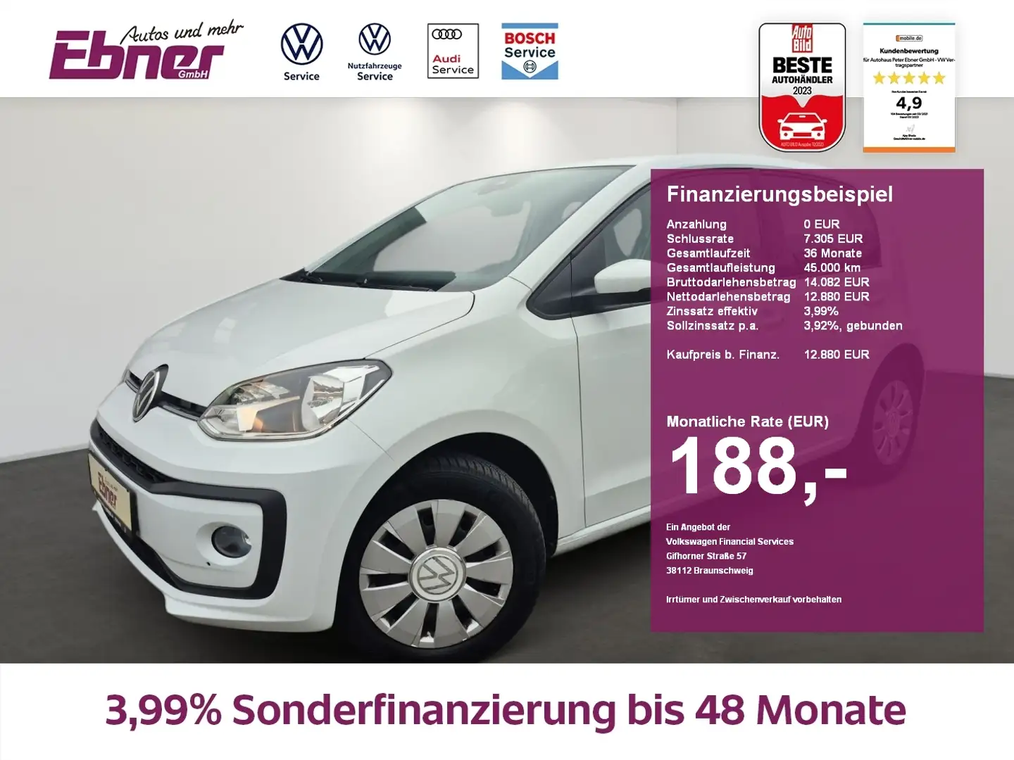 Volkswagen up! 4-TÜRER 65PS KAMERA+PDC+SITZHZG+GRA+BLUETOOTH+KLIM Weiß - 1