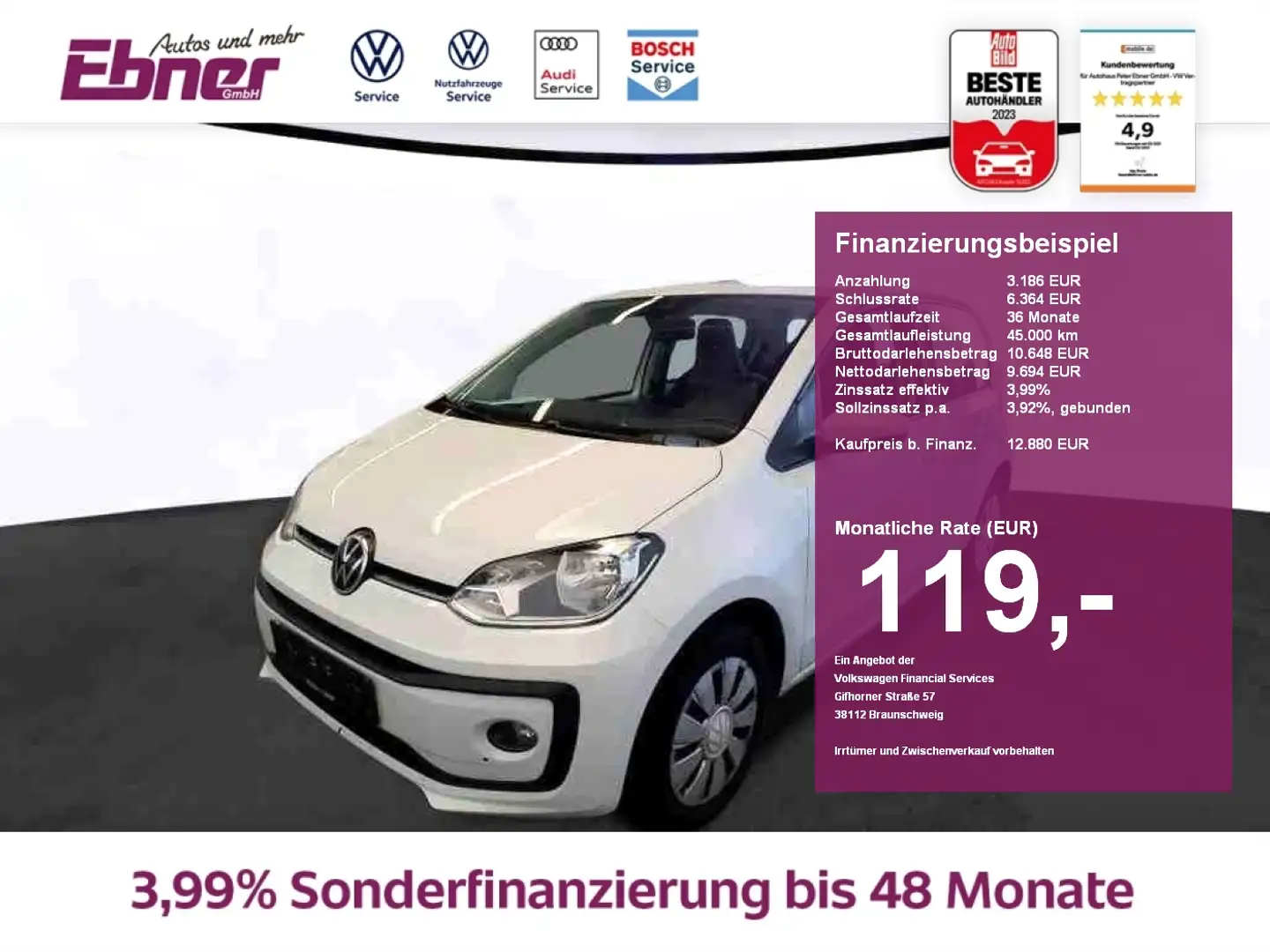 Volkswagen up! 4-TÜRER 65PS KAMERA+PDC+SITZHZG+GRA+BLUETOOTH+KLIM Weiß - 1