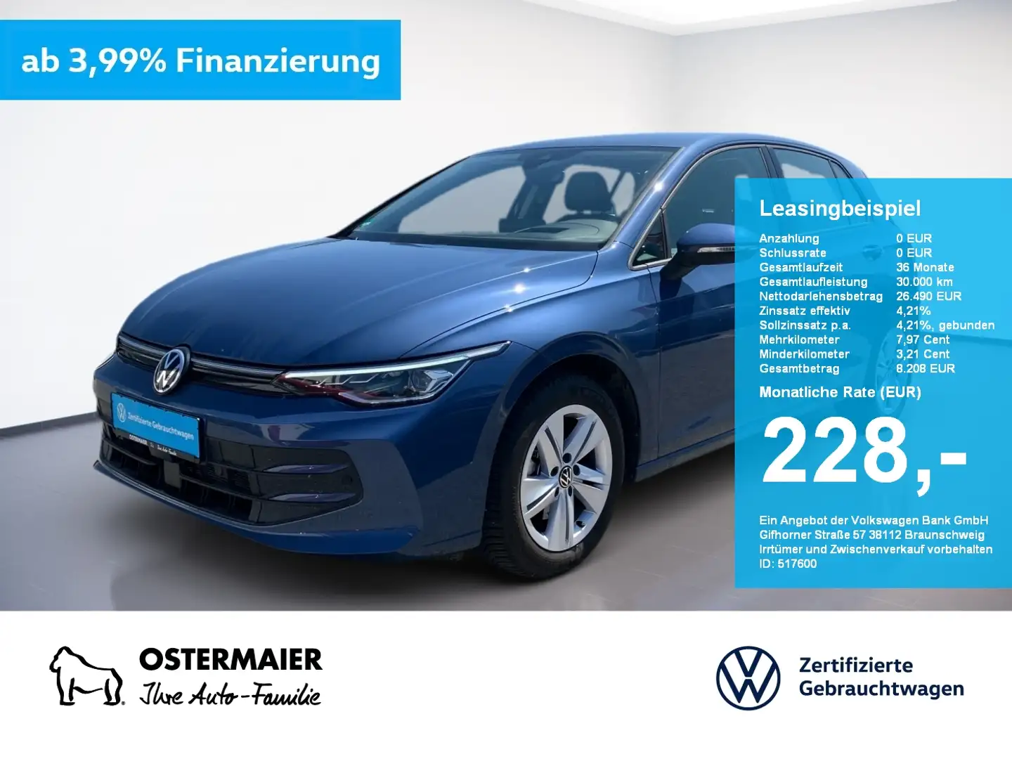 Volkswagen Golf VIII LIFE 2.0TDI 116PS 5J-G LED.HuD.NAVI.SHZG.ACC Blau - 1