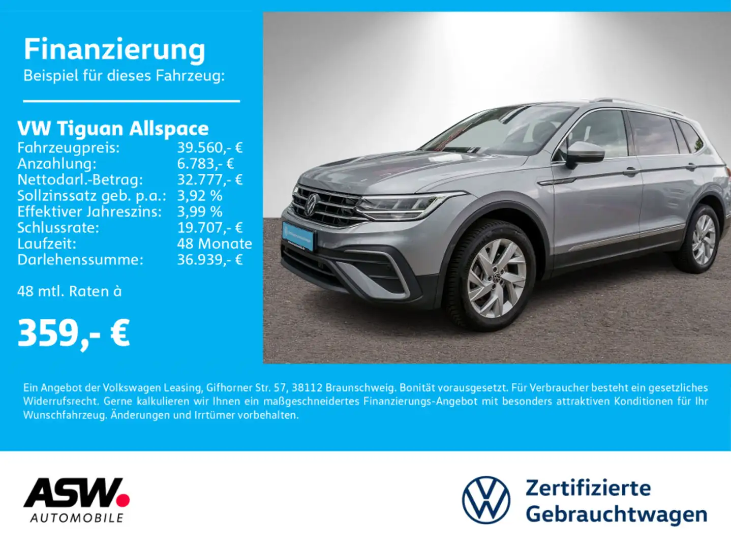 Volkswagen Tiguan Allspace Life 2,0TDI DSG NAVI AHK 7Sitzer Silber - 1