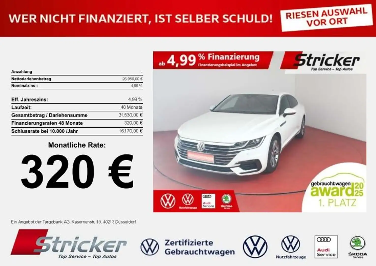 Volkswagen Arteon R-Line 2.0 TSI DSG 320,-ohne Anzahlung Navi Kamer Weiß - 1