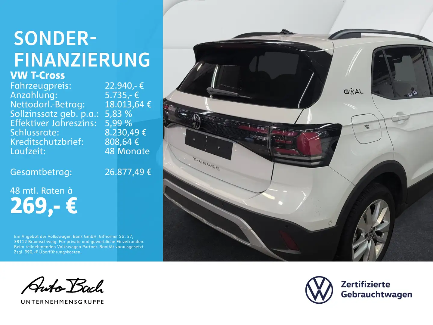 Volkswagen T-Cross 1.0 TSI DSG Goal, AHK, Navi, LED, App-Co Weiß - 2