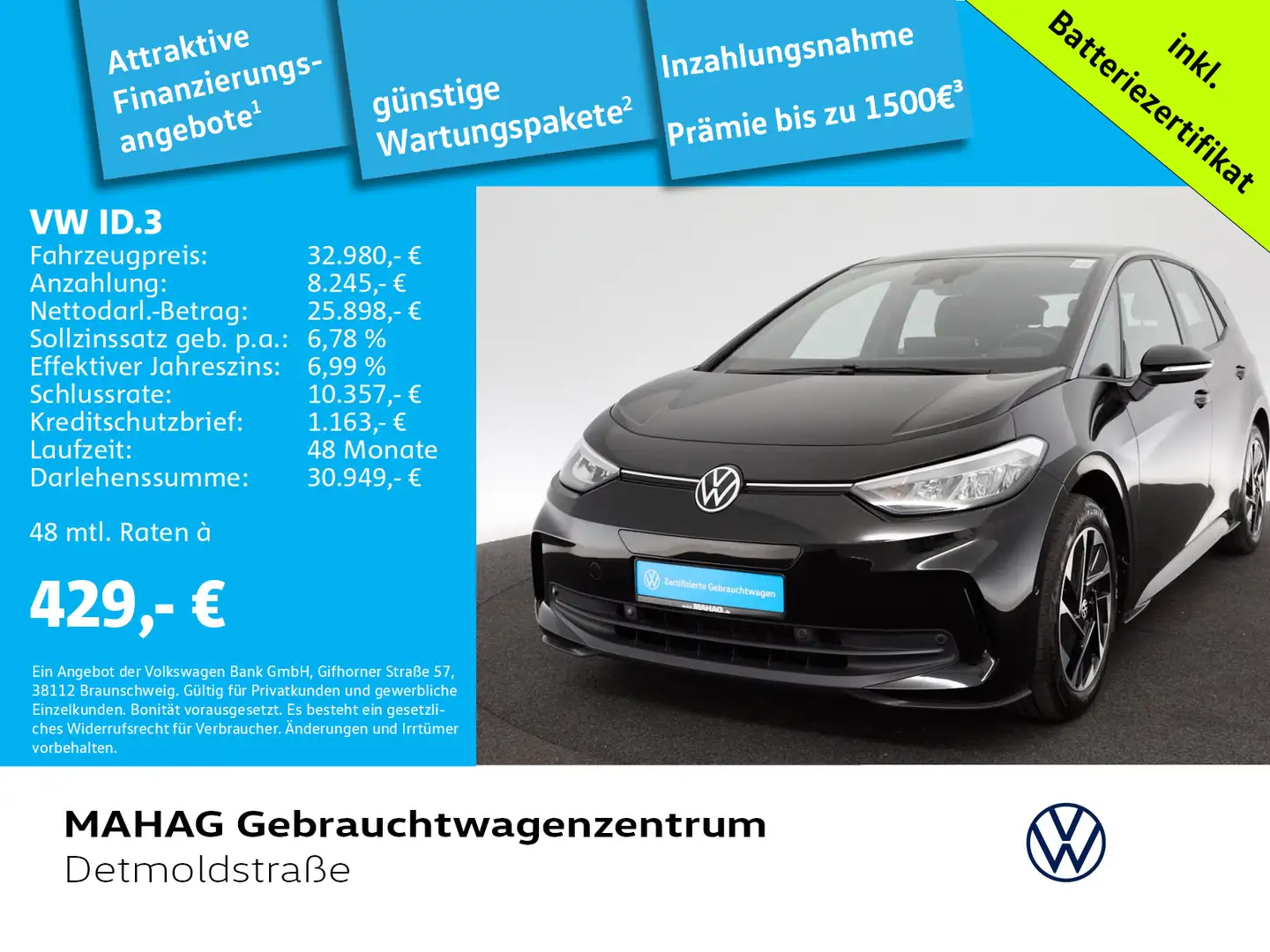 Volkswagen ID.3 Pro 150kW 1-Gang-Automatik LED Navi Wärmepu Schwarz - 1