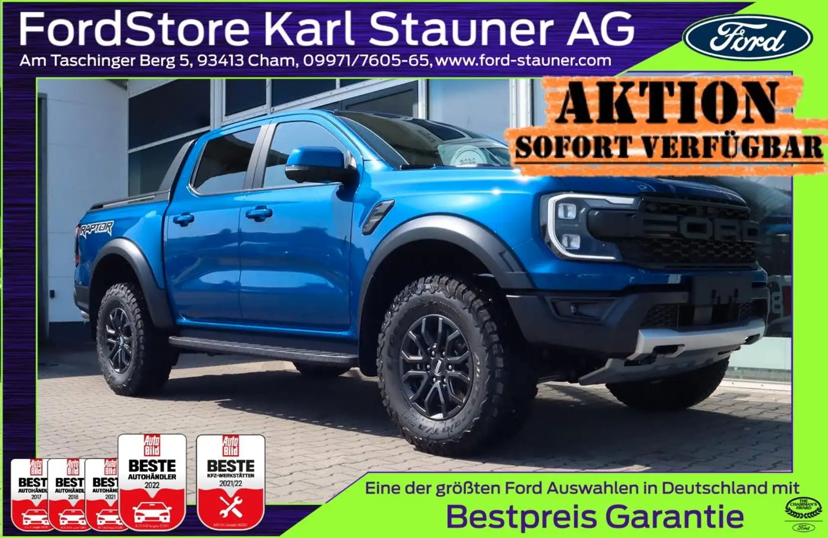 Ford Ranger Raptor Ranger Raptor-Paket DOKA 4x4 3.0 EcoB. 3,99% FIN Blauw - 1