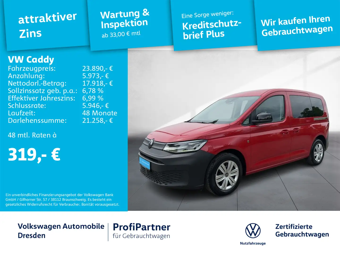 Volkswagen Caddy Basis 1,5 TSI DSG KLIMA NAV LED PDC SHZ Rot - 1