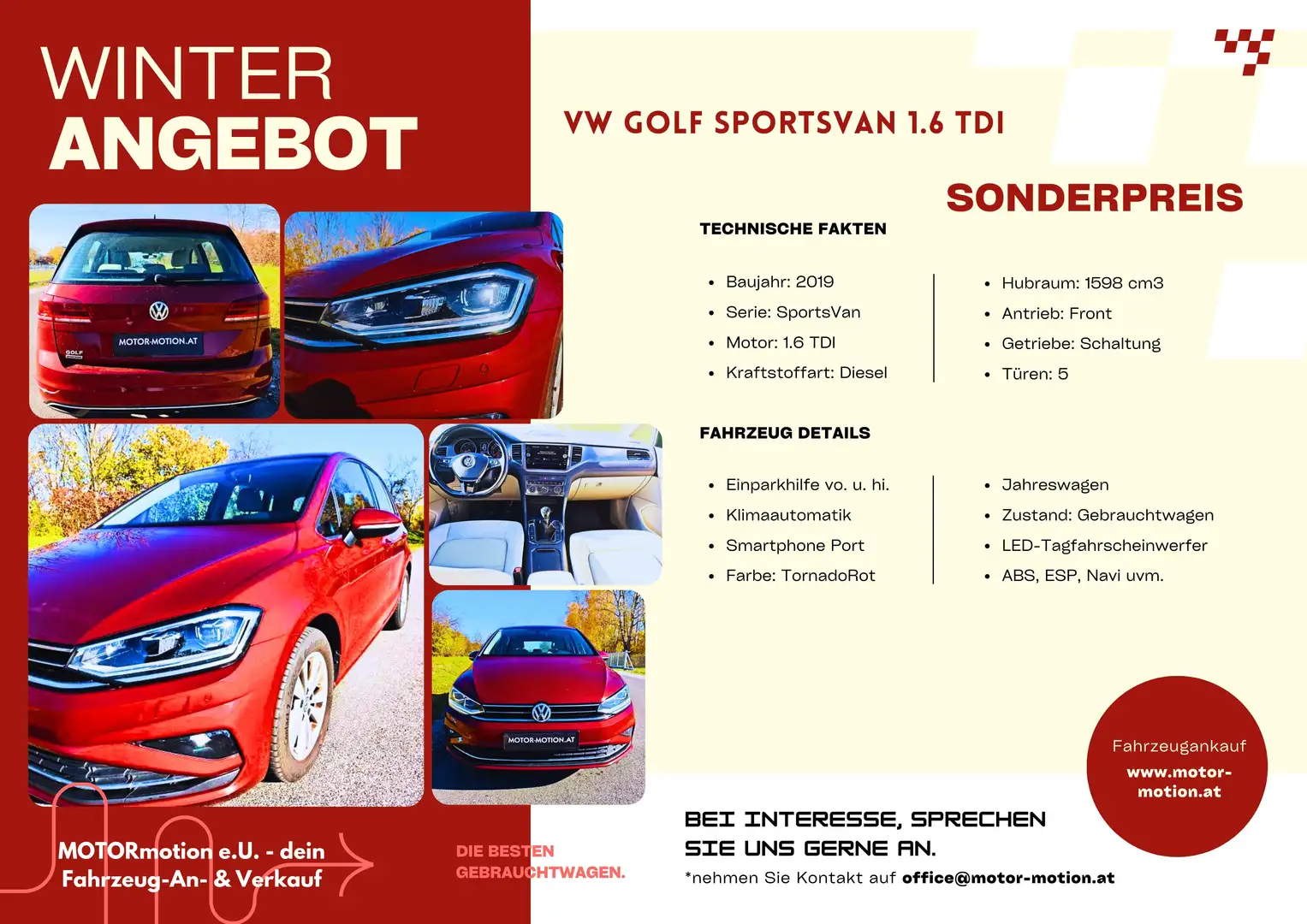 Volkswagen Golf Sportsvan 1,6 TDI SCR Comfortline, LED, Touchscreen-NAVI Rot - 1