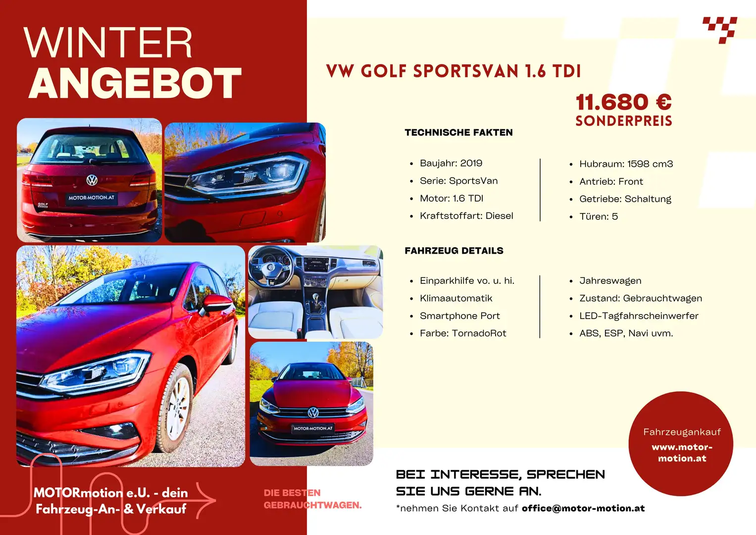 Volkswagen Golf Sportsvan 1,6 TDI SCR Comfortline, LED, Touchscreen-NAVI Rot - 1
