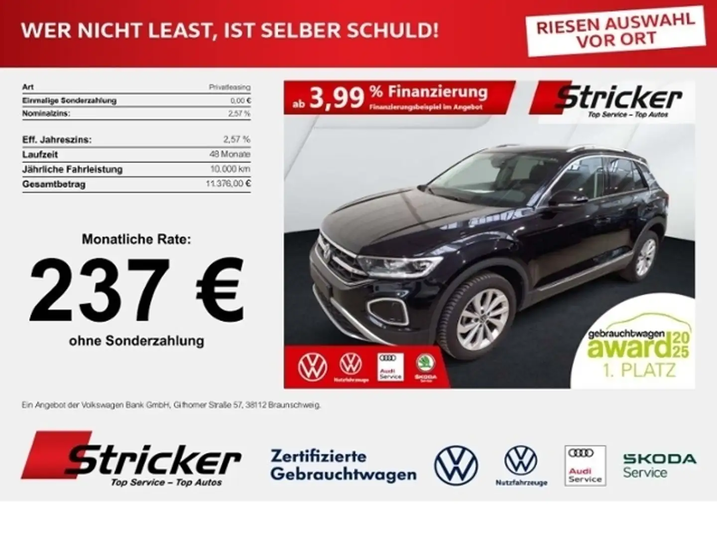 Volkswagen T-Roc Style 1.5TSI DSG 237,-ohne Anzahlung AHK Navi Schwarz - 1