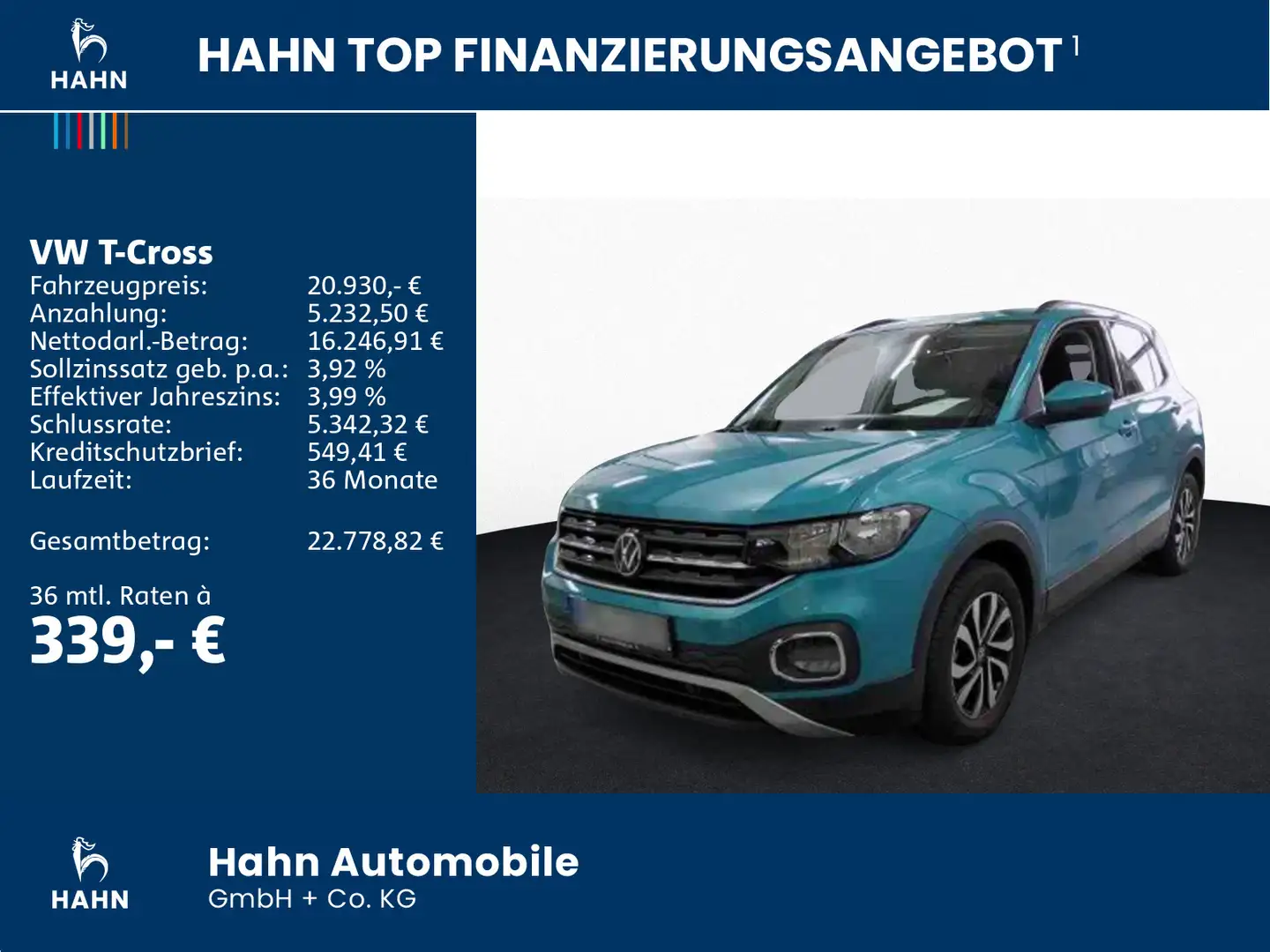 Volkswagen T-Cross 1.0TSI Active Navi ACC CAM APP Sitzh DAB Blau - 2