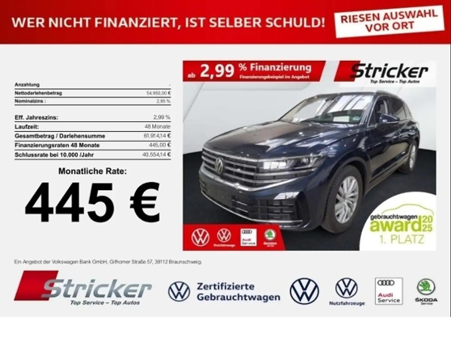 Volkswagen Touareg Elegance 3.0TDI 445,-ohne Anzahlung AHK Luft App- Blau - 1