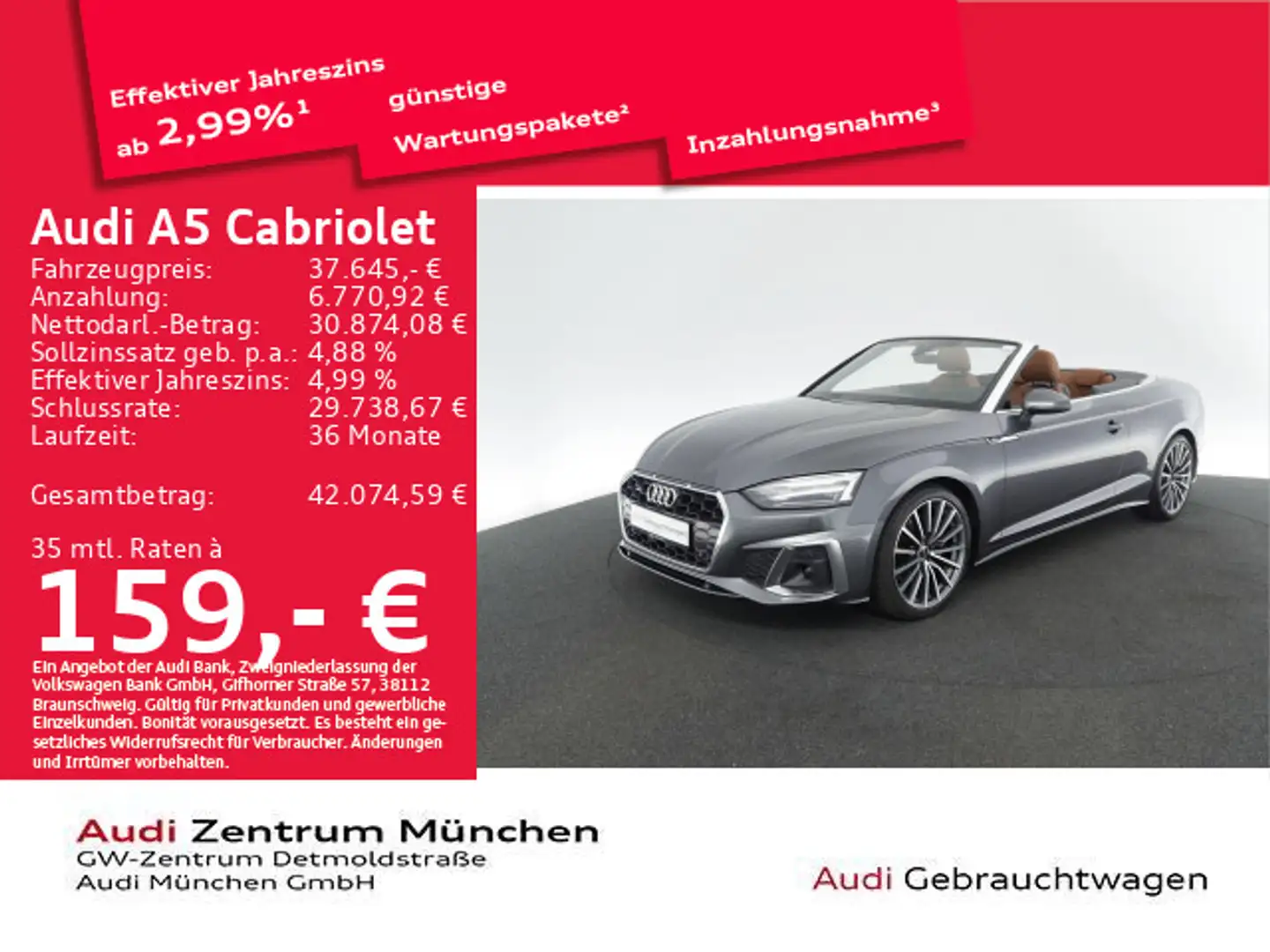 Audi A5 A5 Cabrio 40 TDI qu. S line AHK/HuD/ACC Grau - 1