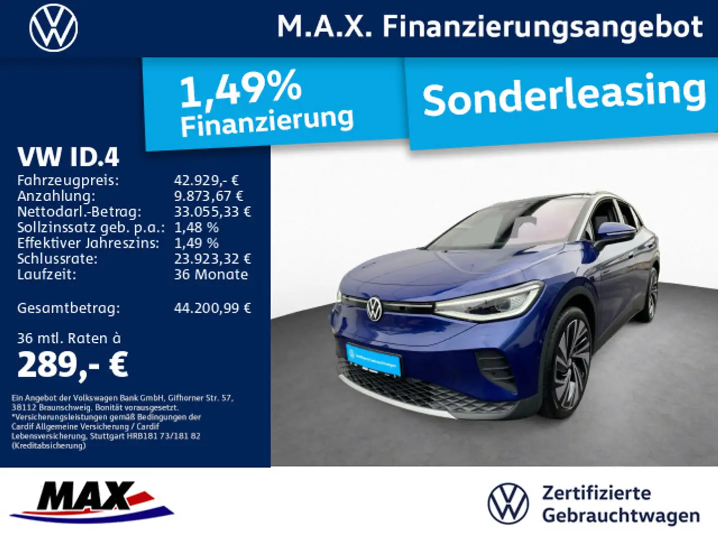 Volkswagen ID.4 PRO IQ.LIGHT+AHK+PANO+KAMERA+360°+NAVI+H&K+ Blau - 1