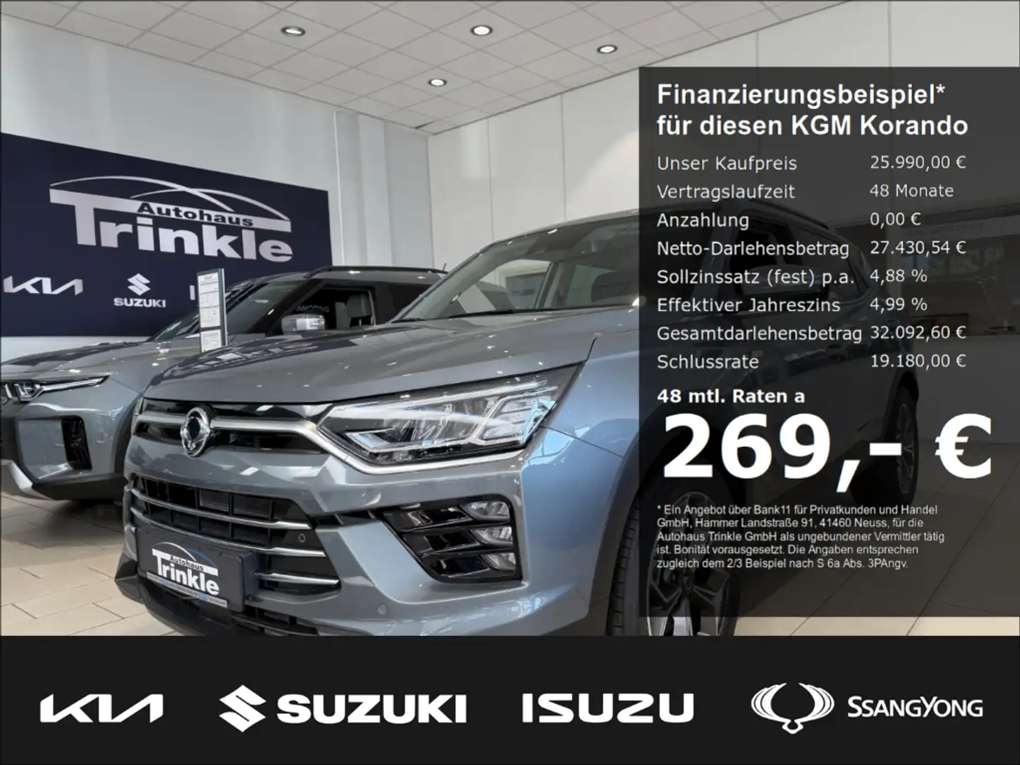 KGM Korando Quartz Allrad Automatik 269,-€ MTL. OHNE ANZAHLUNG Grijs - 1