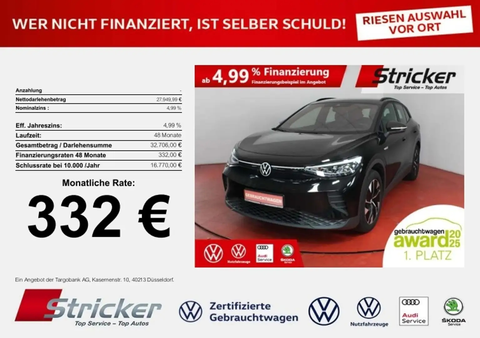 Volkswagen ID.4 Pro  4M 195/77 332,-ohne Anzahlung Navi ACC Schwarz - 1