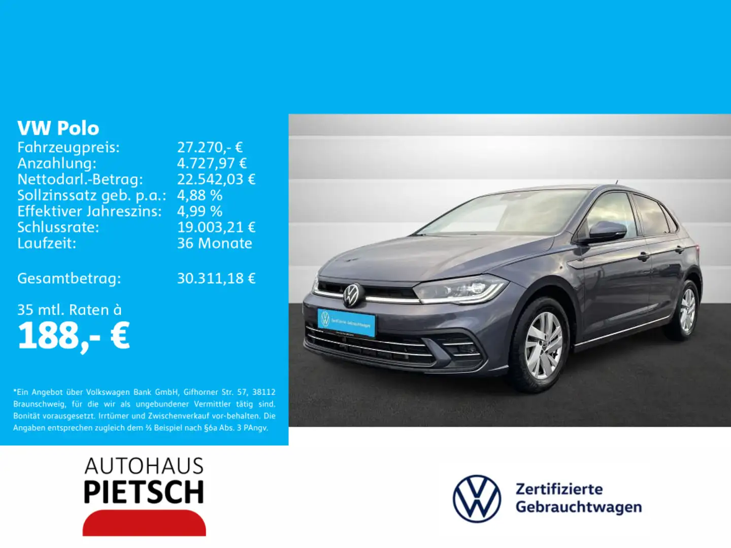 Volkswagen Polo 1.0 TSI DSG Style Matrix Pano AHK ACC Navi Grau - 1