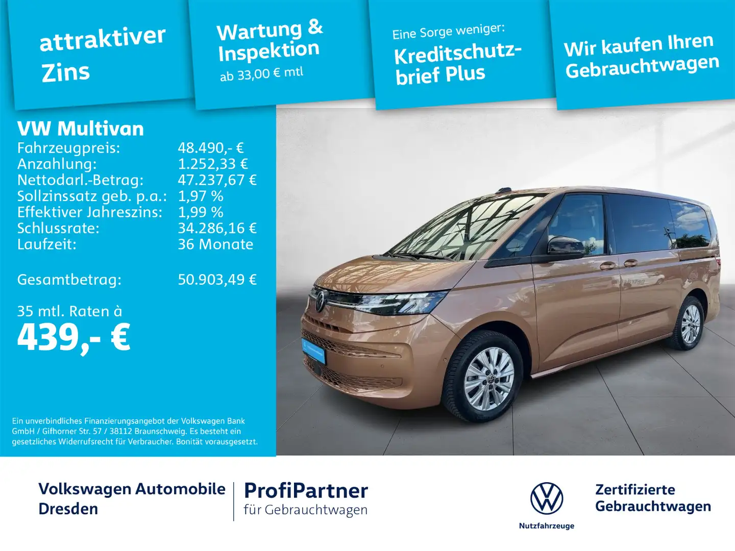 Volkswagen T7 Multivan T7 Multivan Life LANG LED NAV AHZV ACC SIDE 1,99 Braun - 1