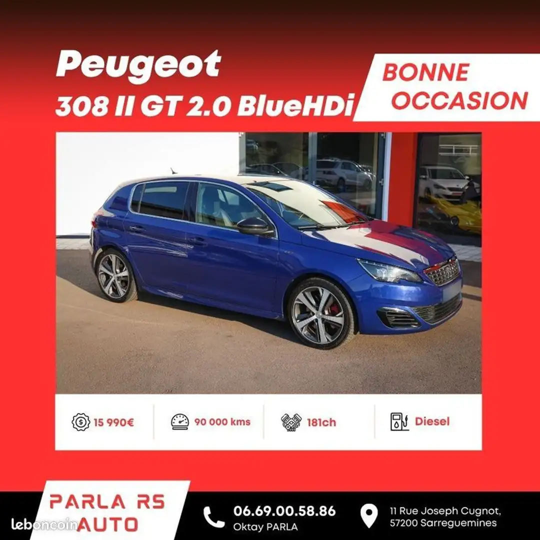 Peugeot 308 II GT 2.0 BlueHDi 181 ch boîte automatique Bleu - 1